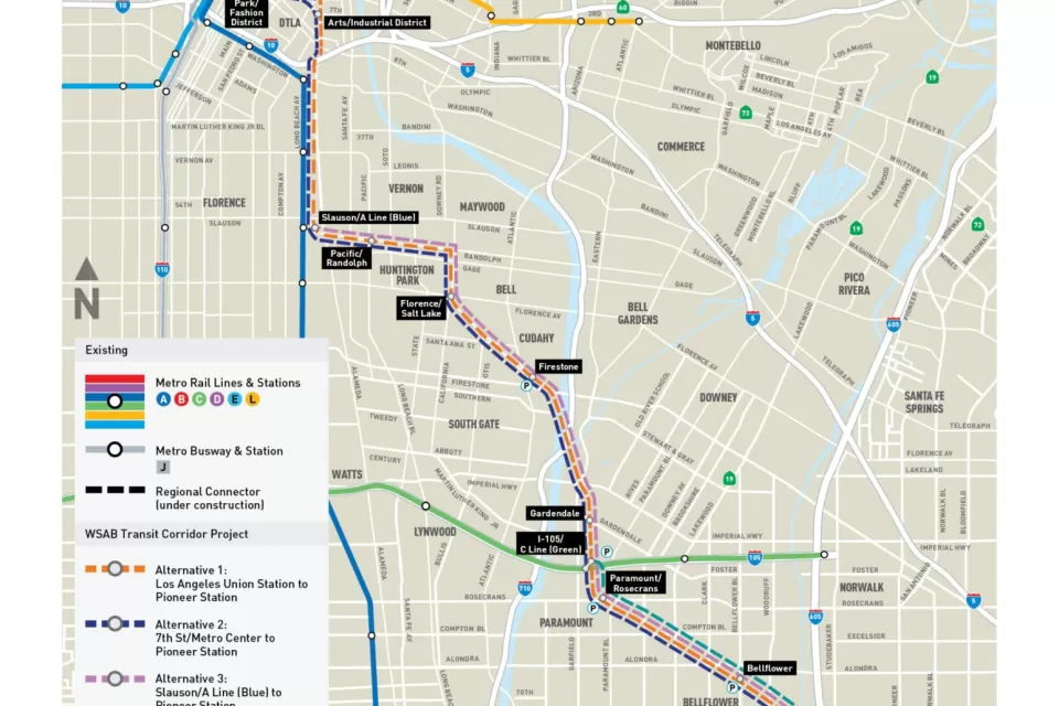 A map of a planned light rail line connecting Los Angeles to cities in the Southeast of the county.